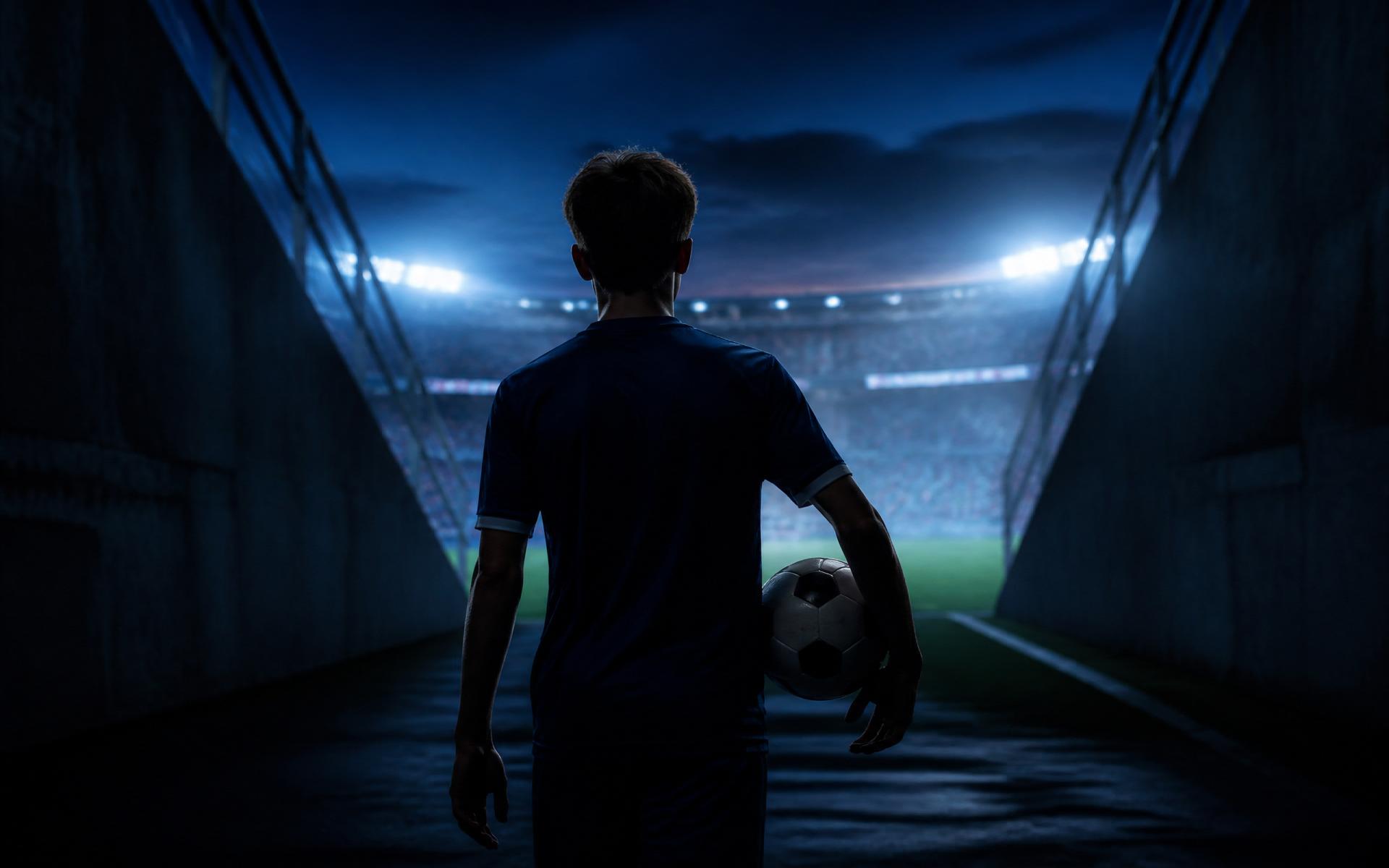 Young player walking through the tunnel toward a floodlit pitch